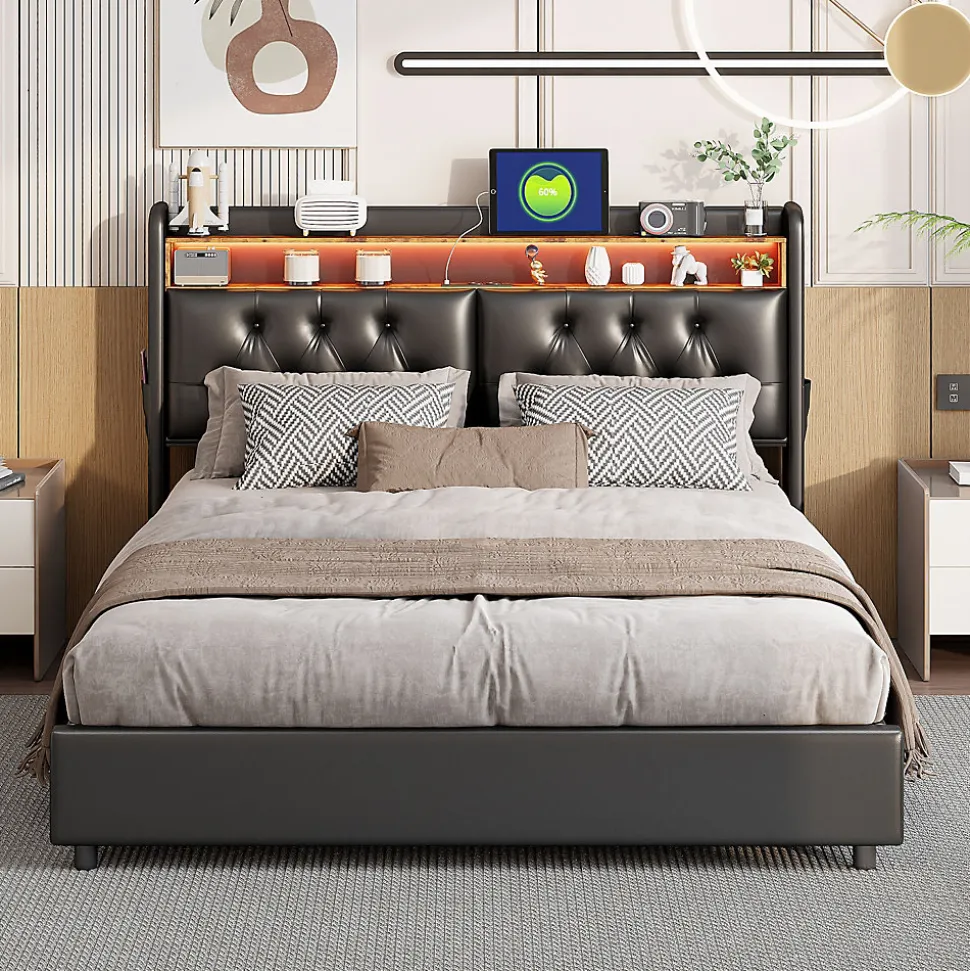 Lit 180x200 cm, LED, port USB, coffre de rangement, tête de lit, sommier à lattes, PU noir (2 personnes).