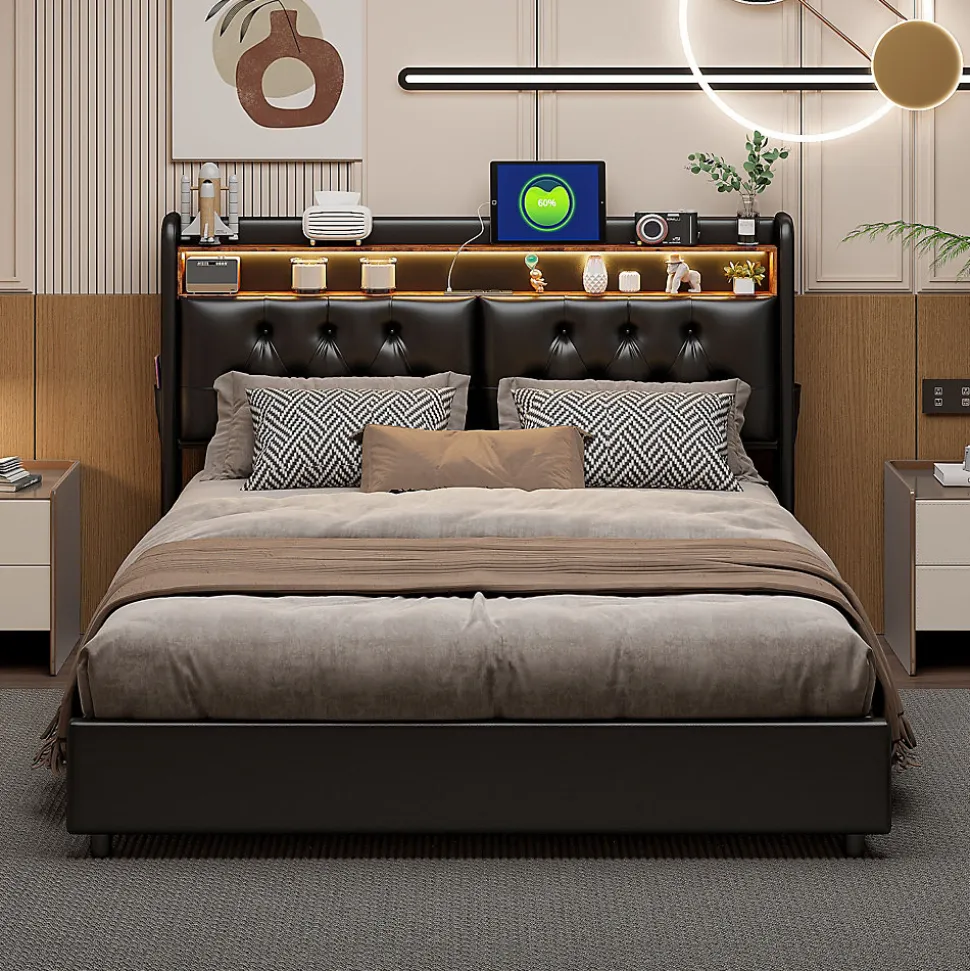 Lit 180x200 cm, LED, port USB, coffre de rangement, tête de lit, sommier à lattes, PU noir (2 personnes).