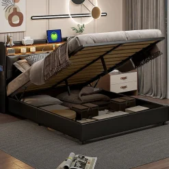 Lit 180x200 cm, LED, port USB, coffre de rangement, tête de lit, sommier à lattes, PU noir (2 personnes).