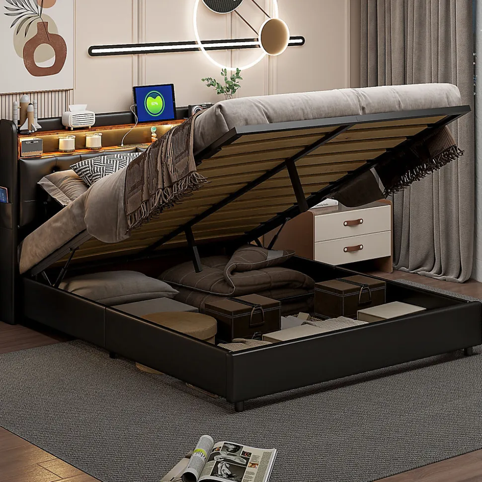 Lit 180x200 cm, LED, port USB, coffre de rangement, tête de lit, sommier à lattes, PU noir (2 personnes).