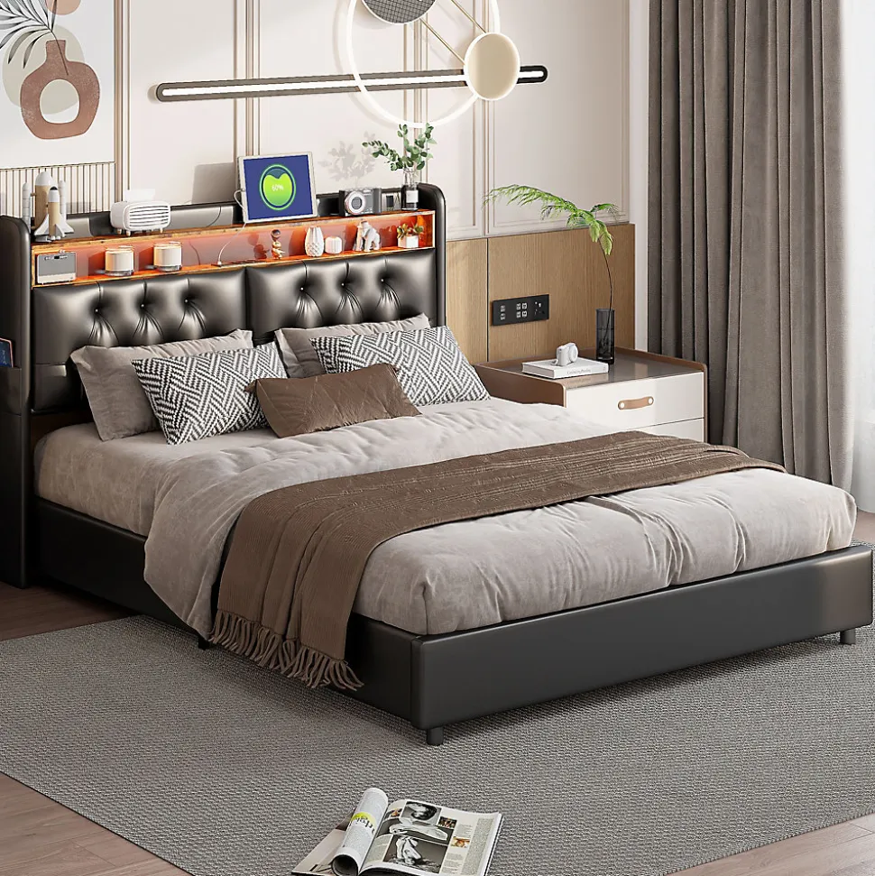 Lit 180x200 cm, LED, port USB, coffre de rangement, tête de lit, sommier à lattes, PU noir (2 personnes).