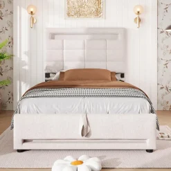 Lit 90x200 cm lin beige avec rangement hydraulique et éclairage LED 16 couleurs contrôlable par application