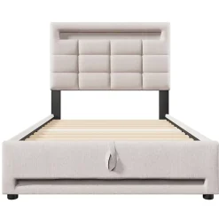 Lit 90x200 cm lin beige avec rangement hydraulique et éclairage LED 16 couleurs contrôlable par application