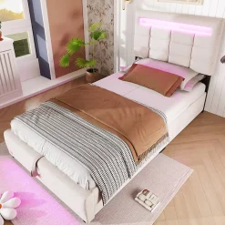 Lit 90x200 cm lin beige avec rangement hydraulique et éclairage LED 16 couleurs contrôlable par application