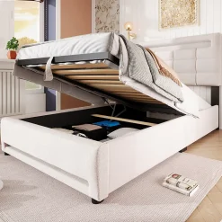 Lit 90x200 cm lin beige avec rangement hydraulique et éclairage LED 16 couleurs contrôlable par application