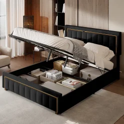 Lit 160x200 cm, Lit Coffre avec Rangement, Cadre de lit avec tête de Lit, Velours, Noir