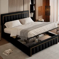 Lit 160x200 cm, Lit Coffre avec Rangement, Cadre de lit avec tête de Lit, Velours, Noir