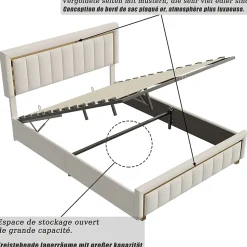 Lit 160x200 cm, Lit Coffre avec Rangement, Cadre de lit avec tête de Lit, Velours, Beige