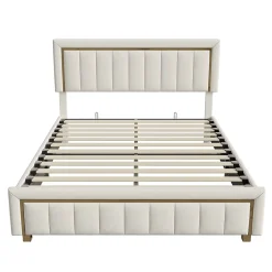 Lit 160x200 cm, Lit Coffre avec Rangement, Cadre de lit avec tête de Lit, Velours, Beige
