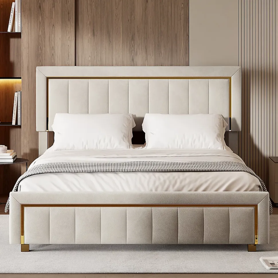 Lit 160x200 cm, lit coffre, cadre de lit avec tête de lit, velours, beige