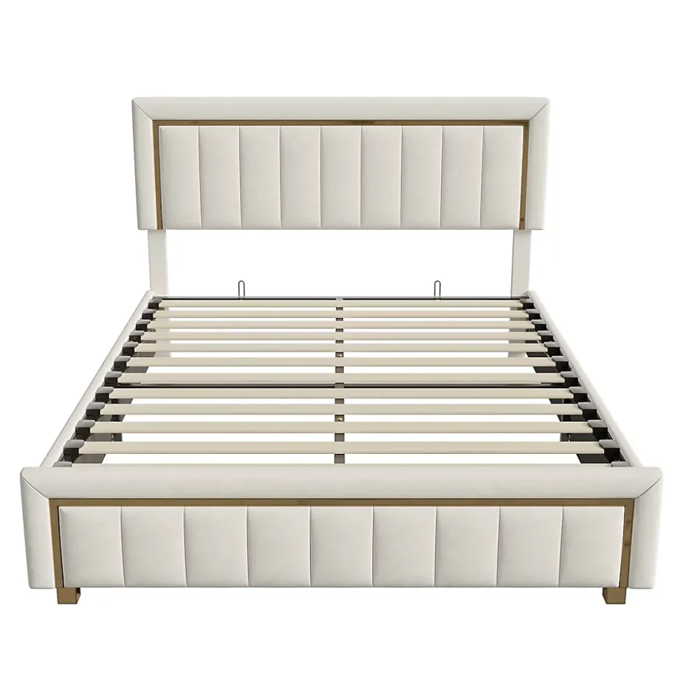 Lit 160x200 cm, lit coffre, cadre de lit avec tête de lit, velours, beige