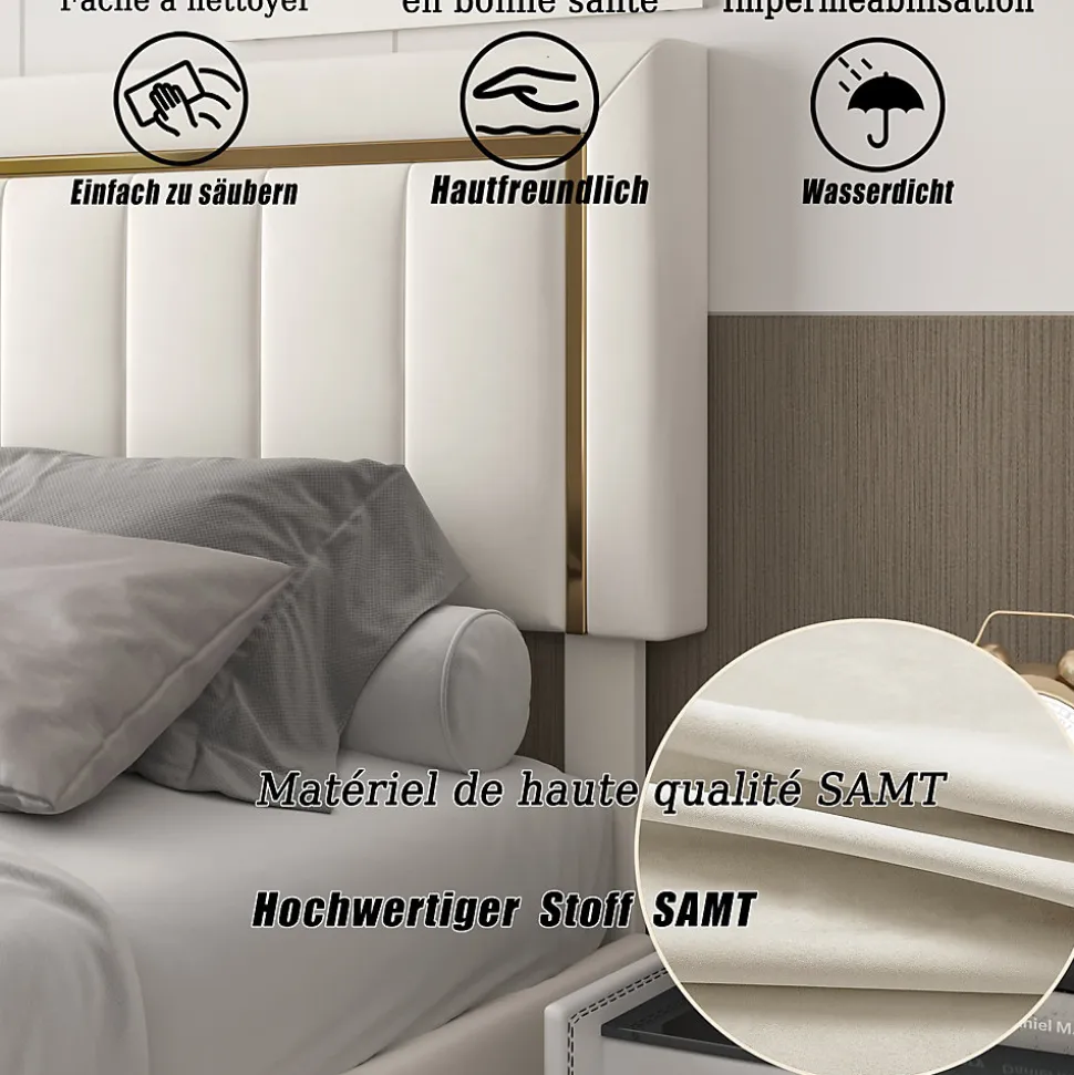 Lit 160x200 cm, lit coffre, cadre de lit avec tête de lit, velours, beige