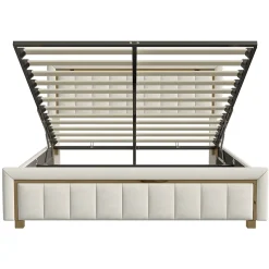 Lit 160x200 cm, lit coffre, cadre de lit avec tête de lit, velours, beige