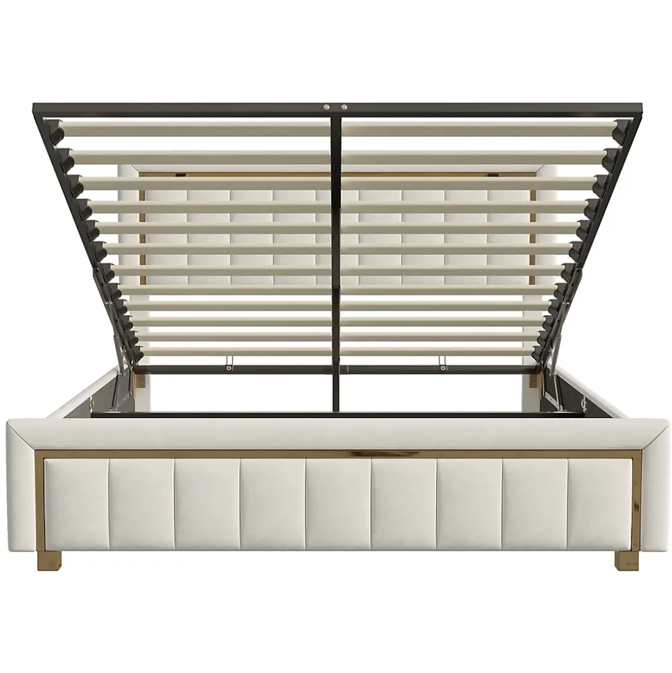 Lit 160x200 cm, lit coffre, cadre de lit avec tête de lit, velours, beige
