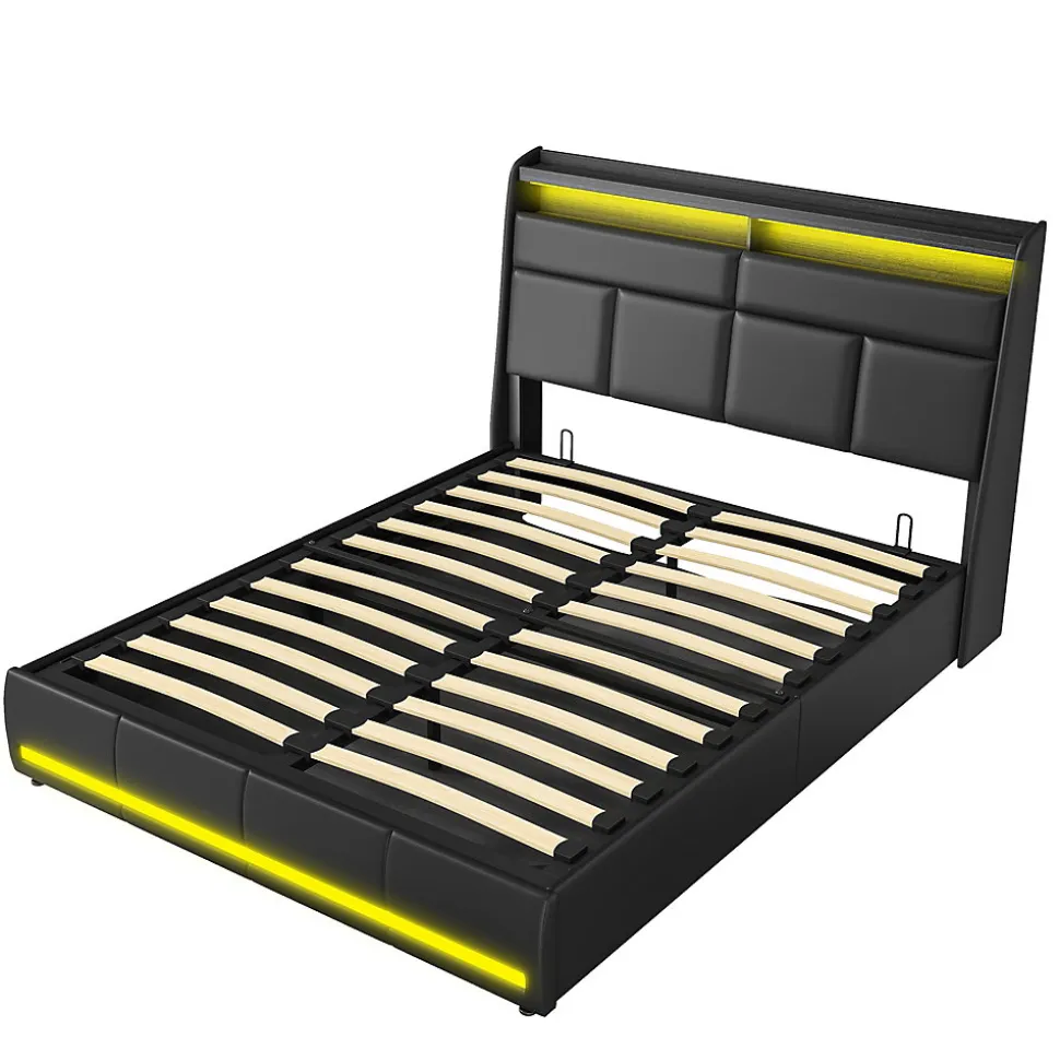 Lit 140x200 cm, Lit rembourré avec lumières LED, Lit à Fonction hydraulique lit d'appoint, pour Adultes, PU, Noir