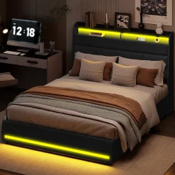 Lit 140x200 cm, Lit rembourré avec lumières LED, Lit à Fonction hydraulique lit d'appoint, pour Adultes, PU, Noir