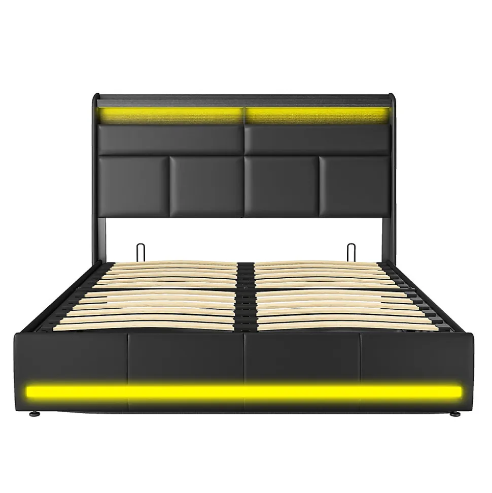 Lit 140x200 cm, Lit rembourré avec lumières LED, Lit à Fonction hydraulique lit d'appoint, pour Adultes, PU, Noir