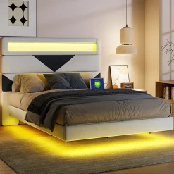 Lit 160x200 cm, MDF, avec USB et éclairage LED, Cadre de lit, lit flottant avec Tête de lit triangle, - Blanc