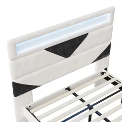 Lit 160x200 cm, MDF, avec USB et éclairage LED, Cadre de lit, lit flottant avec Tête de lit triangle, - Blanc