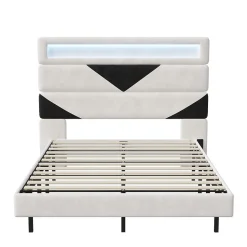 Lit 160x200 cm, MDF, avec USB et éclairage LED, Cadre de lit, lit flottant avec Tête de lit triangle, - Blanc