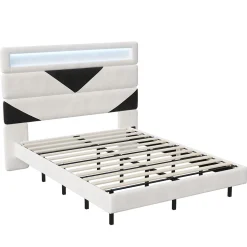 Lit 160x200 cm, MDF, avec USB et éclairage LED, Cadre de lit, lit flottant avec Tête de lit triangle, - Blanc