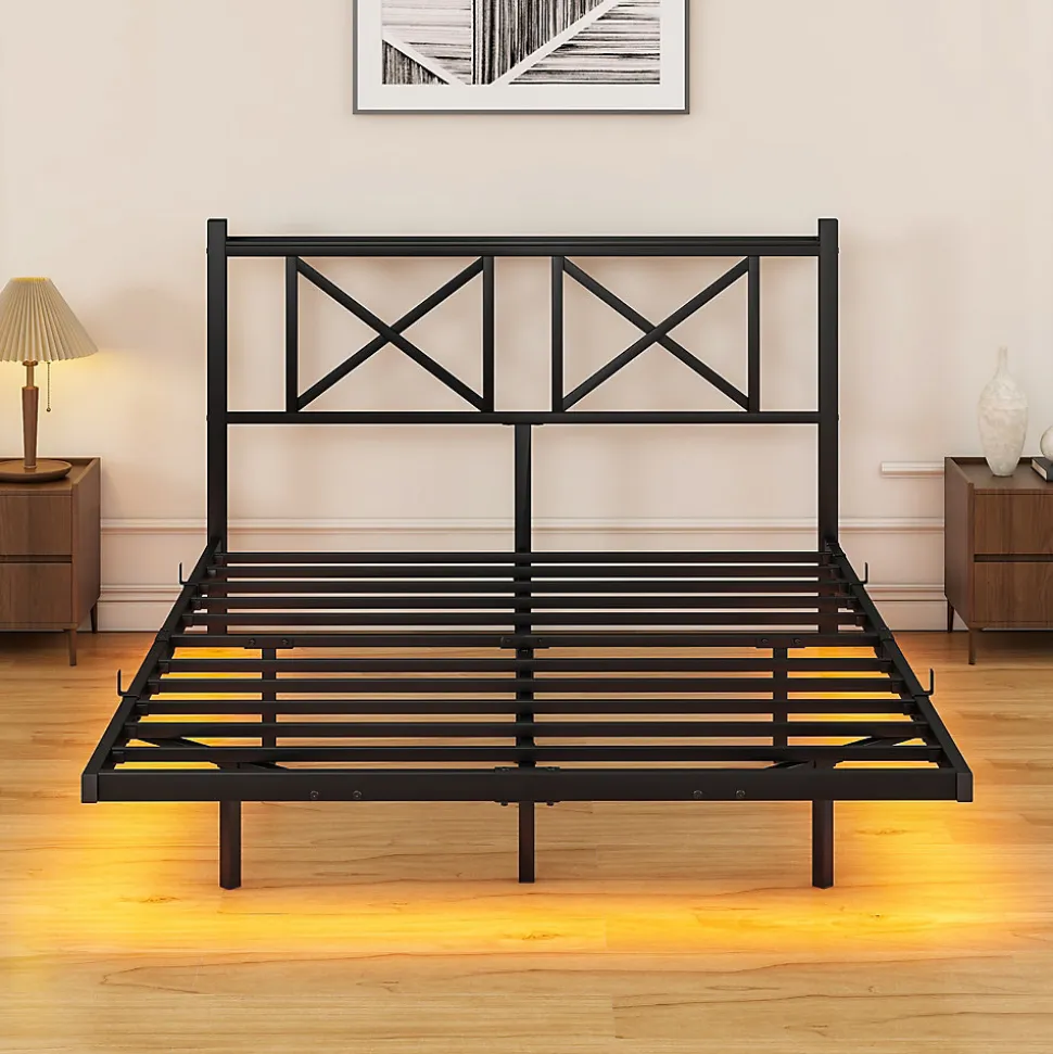 Lit 120x200 cm métal noir avec effet flottant et bande LED intégrée, design contemporain et lignes épurées