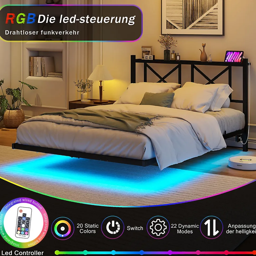 Lit 120x200 cm métal noir avec effet flottant et bande LED intégrée, design contemporain et lignes épurées