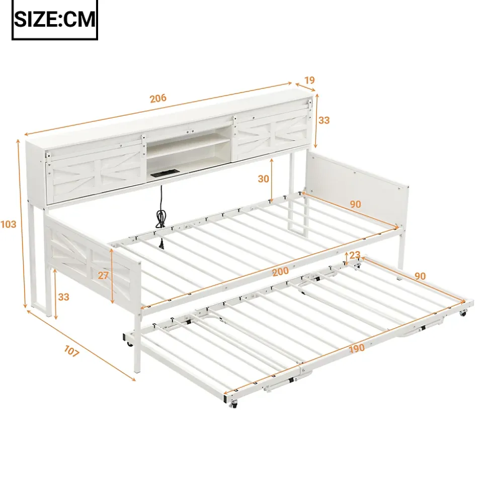 Lit 90x200 cm multifonctionnel blanc avec rangements intégrés, prises électriques et cadre métal élégant