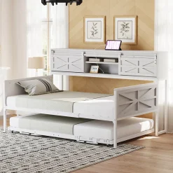 Lit 90x200 cm multifonctionnel blanc avec rangements intégrés, prises électriques et cadre métal élégant