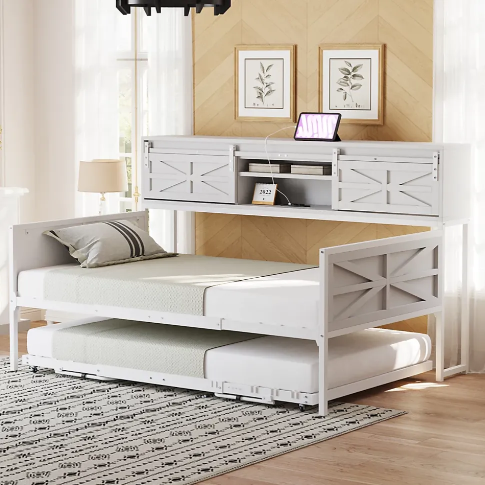 Lit 90x200 cm multifonctionnel blanc avec rangements intégrés, prises électriques et cadre métal élégant