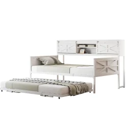 Lit 90x200 cm multifonctionnel blanc avec rangements intégrés, prises électriques et cadre métal élégant