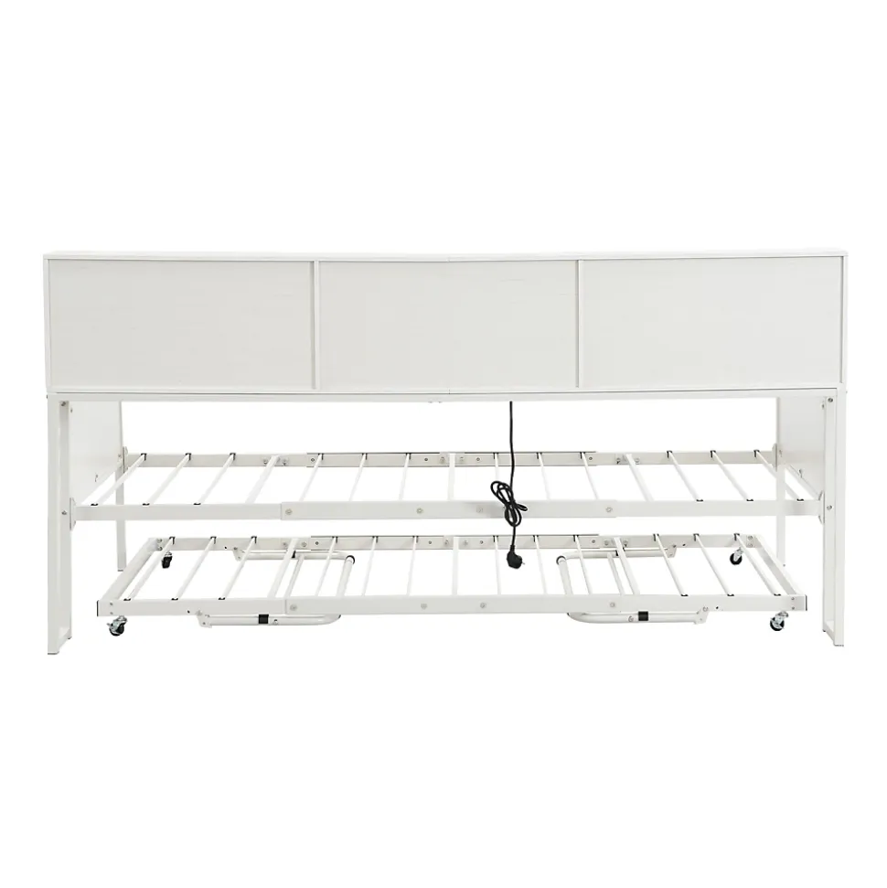 Lit 90x200 cm multifonctionnel blanc avec rangements intégrés, prises électriques et cadre métal élégant