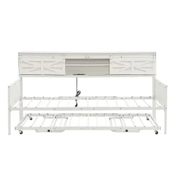Lit 90x200 cm multifonctionnel blanc avec rangements intégrés, prises électriques et cadre métal élégant