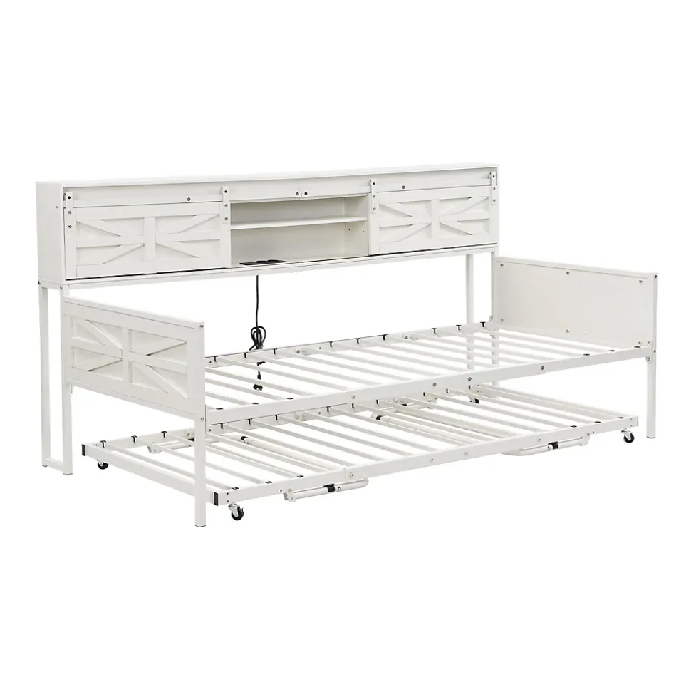 Lit 90x200 cm multifonctionnel blanc avec rangements intégrés, prises électriques et cadre métal élégant