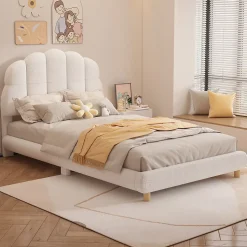 Lit 90x200 cm pour enfant avec tête de lit rembourrée en plush blanc, cadre MDF, design floral et moderne