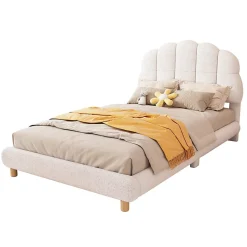 Lit 90x200 cm pour enfant avec tête de lit rembourrée en plush blanc, cadre MDF, design floral et moderne