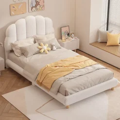 Lit 90x200 cm pour enfant avec tête de lit rembourrée en plush blanc, cadre MDF, design floral et moderne
