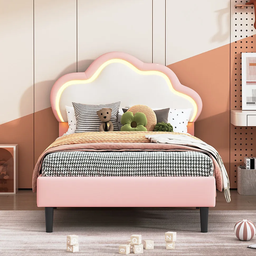 Lit 90x200 cm pour fille avec LED, tête de lit nuage ajustable, sommier à lattes, PU rose