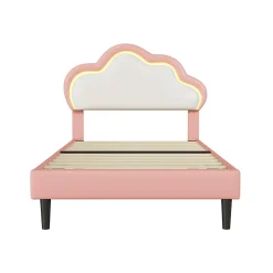 Lit 90x200 cm pour fille avec LED, tête de lit nuage ajustable, sommier à lattes, PU rose
