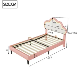 Lit 90x200 cm pour fille avec LED, tête de lit nuage ajustable, sommier à lattes, PU rose