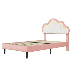 Lit 90x200 cm pour fille avec LED, tête de lit nuage ajustable, sommier à lattes, PU rose