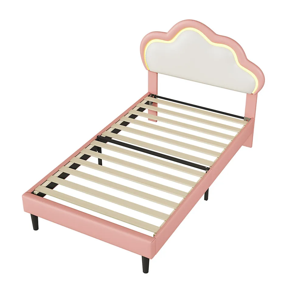 Lit 90x200 cm pour fille avec LED, tête de lit nuage ajustable, sommier à lattes, PU rose