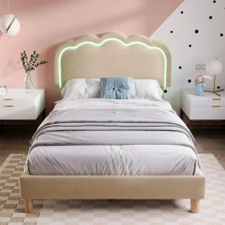 Lit 90x190 cm rembourré en lin beige avec tête de lit pouf LED réglable, cadre robuste et style contemporain