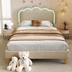 Lit 90x190 cm rembourré en lin beige avec tête de lit pouf LED réglable, cadre robuste et style contemporain