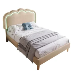 Lit 90x190 cm rembourré en lin beige avec tête de lit pouf LED réglable, cadre robuste et style contemporain