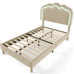 Lit 90x190 cm rembourré en lin beige avec tête de lit pouf LED réglable, cadre robuste et style contemporain