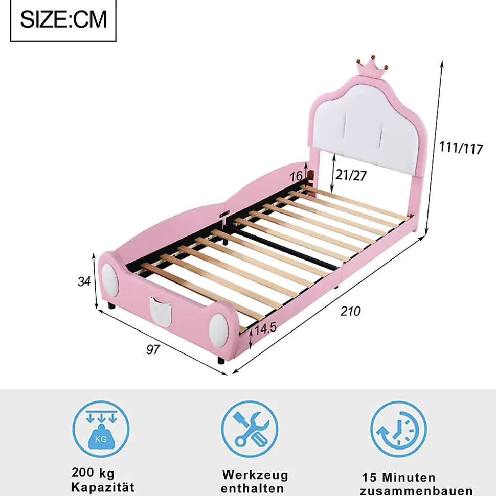 Lit 90x200 cm rembourré en simili cuir bicolore blanc et rose avec tête en forme de couronne, design enfant