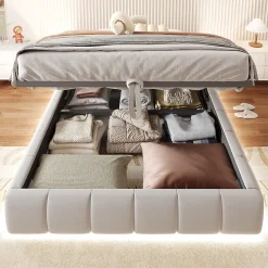 Lit 140x200 cm sans tête, coffre hydraulique avec LED blanche intégrée, tapissé flanelle beige, cadre métal 150 kg