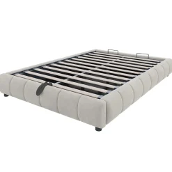 Lit 140x200 cm sans tête, coffre hydraulique avec LED blanche intégrée, tapissé flanelle beige, cadre métal 150 kg