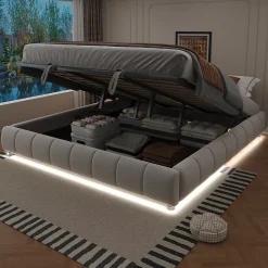 Lit 180x200 cm sans tête de lit avec rangement hydraulique et bande LED blanche, revêtement flanellette beige